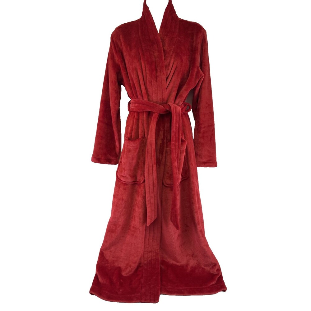 Lands End Cozy Plush Long Wrap Robe Belt Red Patch Pockets Soft Womens XS 2-4